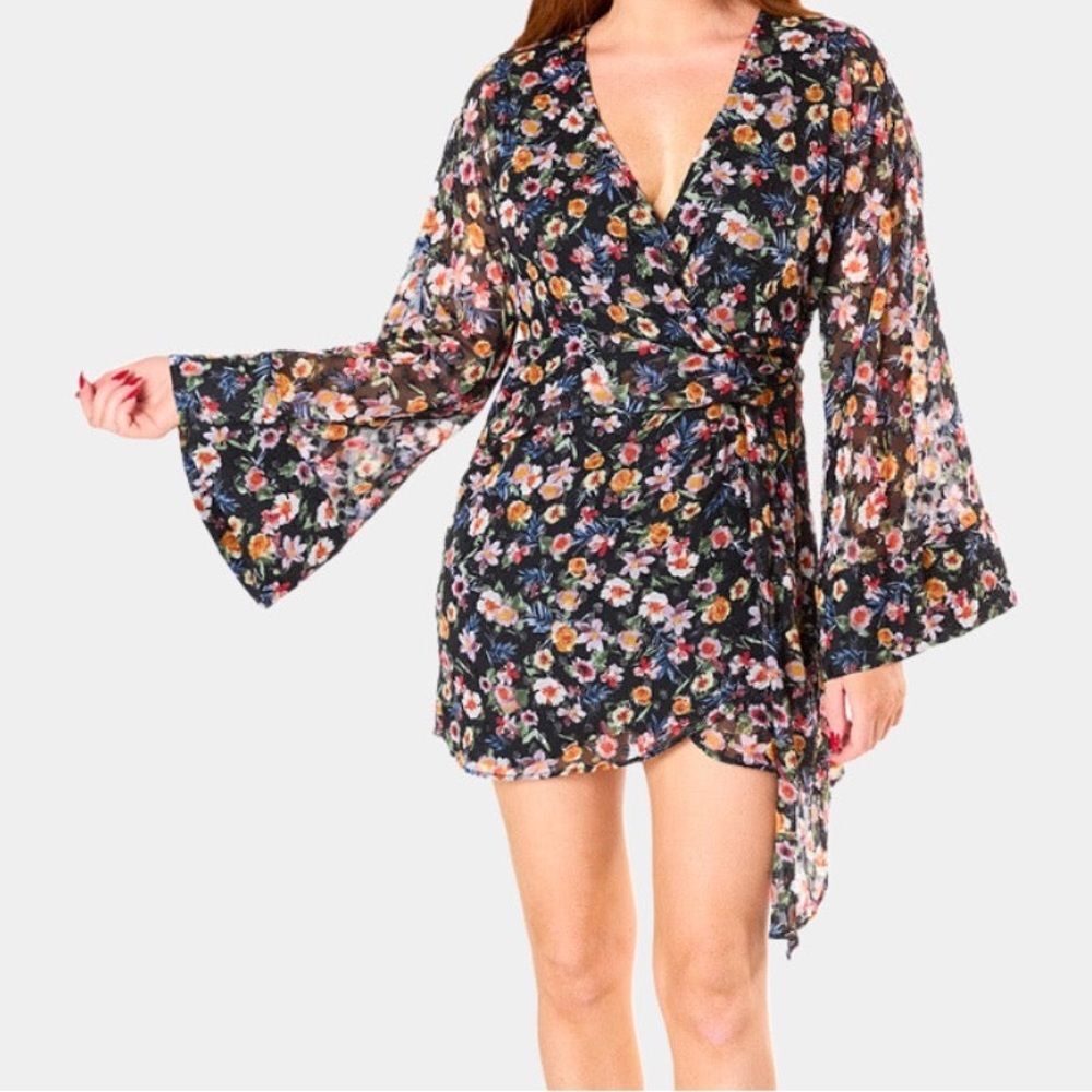 Buddy Love Astrid Wrap Mini Dress in a black floral "Over It" print Small